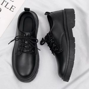 Mens Korean Martin Boots School Black Leather Shoes For Men Height Increasing Fashion Chelsea Boots