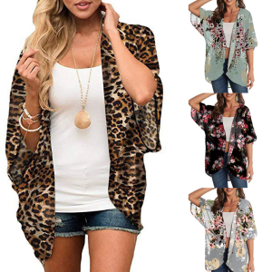 Floral Printed Polyester Beach Cover Up Kimono Sleeve Blouse Sun Protection Casual Loose Tops