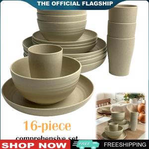 [LEAZEN] 16Pcs Wheat Straw Cutlery Heat Resist Unbreakable Dinnerware Set Reusable Lightweight Dish Cup Bowl Set for Home Gathering Party