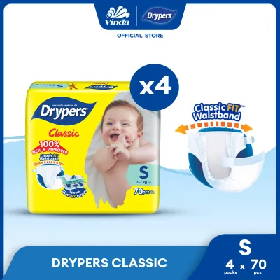 Drypers Classic Baby Tape Diapers NB78/ S70/ M54/ L50/ XL44/ XXL40 (4 Packs) - Speedy SkinDry Layers