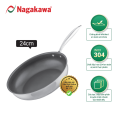 Chảo inox chống dính Nagakawa Haru NAG2402, size 24cm, kết cấu 3 lớp toàn phần, gia nhiệt nhanh và đều, tay cầm inox, sử dụng được trên mọi loại bếp, an toàn với máy rửa bát. 