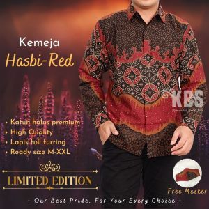 Kemeja Batik Lengan Panjang Motif Hasbi Warna Merah Regular Premium Slimfit