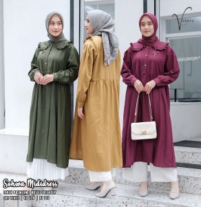 Baju Midi Dress Wanita Kekinian Sohwa Lengan Ballon Bahan Linen Premium Busana Muslimah Modern | GOODSAJI HIJABSTUFF