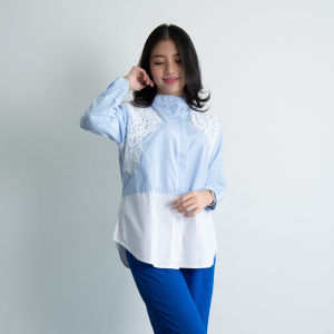 QUEENTIN Kemeja Wanita Kombinasi 0574 Katun Polymicro Motif Salur Mix Katun Bordir Lengan Panjang