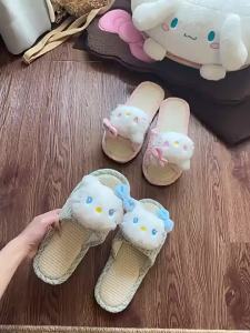 Cute Kt Cat Slippers For Spring And Autumn Linen Indoor Home Use Girls Style Daily Cartoon Warm Floor Slippers For Women