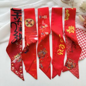 HOT Dragon Pattern New Year Red Silk Scarf New Year Scarves Printed Long Scarf All-match Ribbon Headband Scarf Hair Band Women