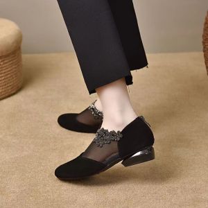[Free Shipping] Same Style Of Handmade WomenS Shoes Summer Round-Toe Mesh And Sheepskin With Sparkling Embellishments Breathable Soft Sole Fashionable Versatile And With A Mid-Heel