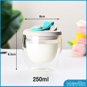 R.E. แก้วกาแฟ ​2 ชั้น ทนร้อน วัสดุแก้วไม่รั่วไหล มีแก้วฝาซิลิโคน Glass cup