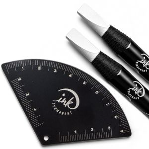 Ink Permanent Brow Mapping Kit Aluminum Eyebrow Ruler 2 Peel-Off Pencils Fan-shaped aluminum ruler and 2 peel-off pencils help measure brow points and draw clean lines for PMU and microblading prep.