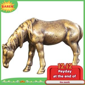 BAREN Antique Brass Solid Long Tail Horse Figurines Miniatures Feng Shui Ornaments Copper Zodiac Animal Mini Desktop Decoration Crafts