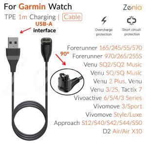 Zenia 1m/17cm Smart Watch Charger Adapter USB-A Type-C Elbow Female Charging Cable for Garmin Forerunner 165 570 970 55 245 Music Venu SQ Plus Vivoactive 6 5 3 Element Vivomove Sport Style Luxe Approach S12 S40 S42 S44 S50 S62 S60 D2 Air X10 Accessories