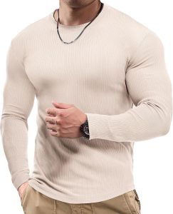 JMIERR  Mens Muscle Slim Fit Lightweight  T  Ribbed Anti-Wrinkle Crew Neck Gym Workout Long Sleeve Shirt