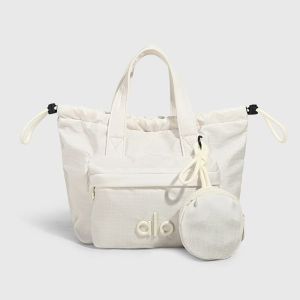 Original ALO Yoga Grid Nylon Drawstring Handbag Front Zipper Pocket Tote Bag with Matching Coin Purse for Gym Shopping