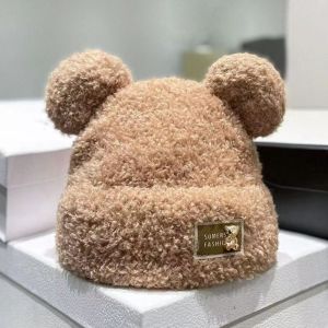 PTK52 Bear Ear Plush Bear Beanies Letter Cartoon Winter Cap Fashion Pile Cap Cat Ear Skullies Female/Girls
