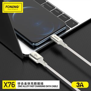 Foneng X76 Pearl White Premium Zinc Metal 3A Data Cable - Fast Charging High Speed Charge Quick Lightning Micro USB Type C 1M 100CM Safe Speedy