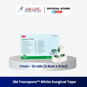 3M Transpore White Surgical Tape I Hypoallergenic (1inch - 2.5cm x 9.1m) 12 ROLLS PER BOX