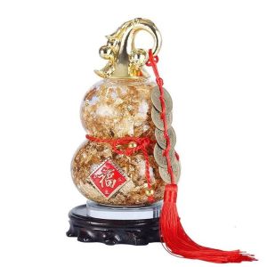 น้ำเต้าดูดทรัพย์ ทองคำเปลวในน้ำมัน แขวนเหรียญจีนโบราณ เสริมฮวงจุ้ยเรียกทรัพย์ พร้อมฐานและกล่องผ้า