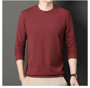 IELGY Waffles Mens Long-sleeved T-shirt New Solid Color Round Neck Casual All-match Sweater Simple Base Shirt