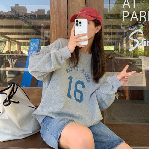 Ielgy in chữ cái Cổ Tròn Tay Áo Dài Áo len nữ dáng rộng thường ngày