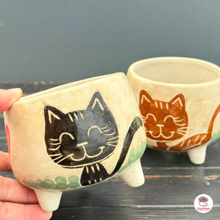 กระถางดินเผา 4 นิ้ว ลายแมว 3 ขา