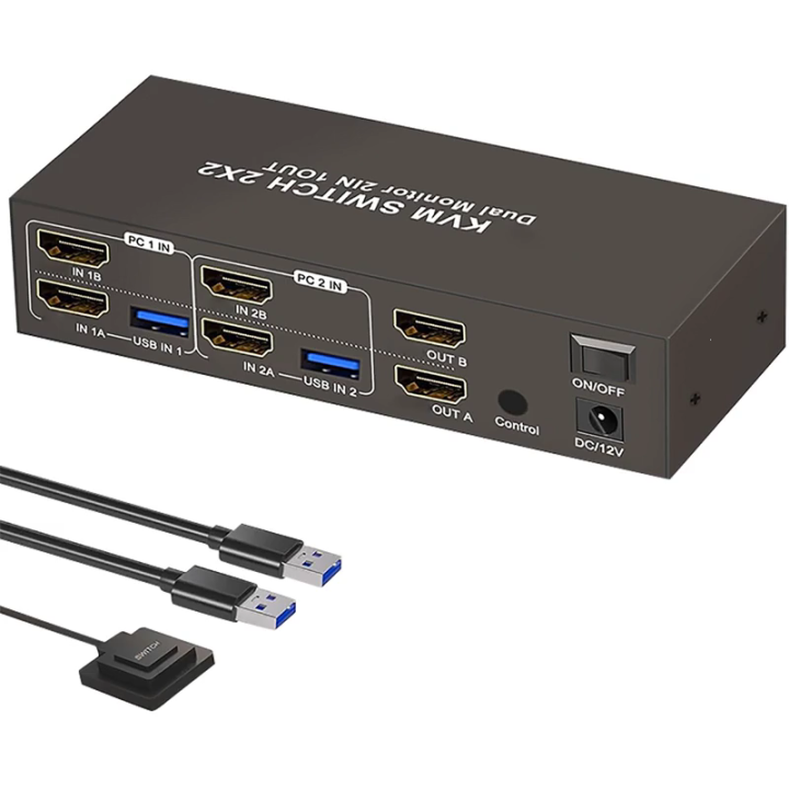 KVM Switcher For 2 Computers Double Monitor Support 4 USB3.0 Port ...