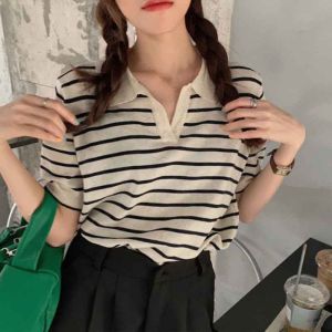 🦋 VEVE Fashion korean style stripe polo shirt for women knitted blouse on sale casual top v-neck short sleeve loose fit