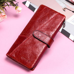 CONTACTS Genuine Cowhide Leather Vintage Women Wallets Fashion Purse With Card Holder Long Wallet Clutch Wrist Bag Wallets