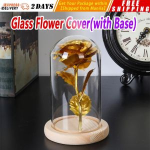 【Glass Flower Cover(with Base)】Terrarium Bottle with Wooden Base Acrylic Dust Cover Glass Cloche Jar Display Stand Cover Display Box Immortal Flower Box Glass-Cover