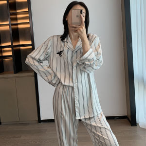 野兽派睡衣女士春秋新品仿真丝女款丝绸长袖条纹冰丝家居服可外穿