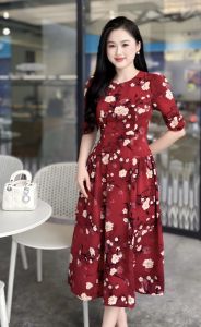 Đầm mango LLis xanh đen phôi họa tiết hoa cổ tròn nhún eo dịu dàng sang trọng M89