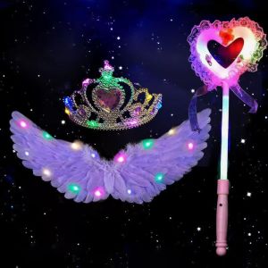 Girls Halloween Costume Angel Feather Wings Big Fairy Wings 3Pcs Set Todller Princess Tutu Dress and Fairy Stick with LED Lights