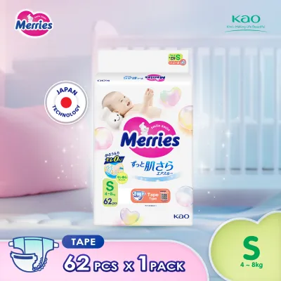 Merries Super Premium Tape Baby Diapers S62 (1 Pack) (4 – 8kg) – Soft breathable and absorbent diapers for baby