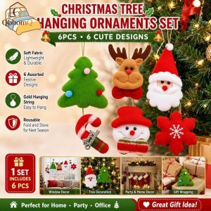 QbhomQ Christmas Tree Hanging Ornaments Set 6 Pcs Fabric Santa Reindeer Snowman Candy Cane Cute Decor