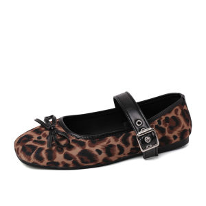 YOTO Loafers Shoes For Women Leopard Print Bow Adjustable Buckle Soft Flats Walking Shoes