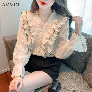 AMMIN Móc 2023 Thêu Mùa Xuân Và Mùa Thu Phiên Bản Hàn Quốc Ngọt Ngào Thanh Lịch Tay Áo Dài Cho Nữ Áo Ren Thiết Kế Cổ Chữ V Viền Nhún Bèo Phong Cách Tay Áo Loe Mới Khoét Rỗng Áo Choàng Hoa