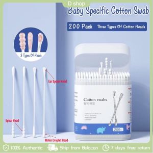 200pcs Dual-head Dual-function Use Cotton pads 2-in-1 Baby Cotton Buds Cotton Swab Ear Scoop Grooming Tools For Baby Cotton Swab