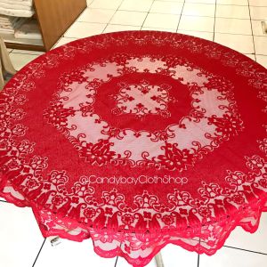 SPESIAL IMLEK NATAL Taplak Meja Tamu / Taplak Meja Makan Bundar 4 Kursi diameter 150 cm Warna Merah Bahan Kain Polyester Corak Bunga Pucuk Teratai 732