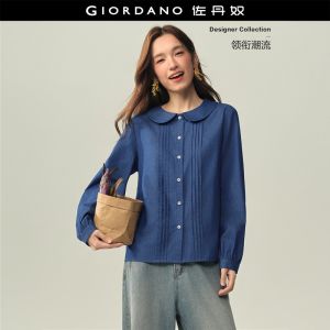 GIORDANO Women Shirts Doll Collar Cotton Denim Shirts Pintuck Placket Long Sleeve Fashionable Casual Loose Shirts 18346829