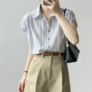 MOCHA Women Cut Sleeve Tops French Style Striped Women Shirts Slim Looking 法式小飞袖衬衫条纹短袖衫衣 ST379