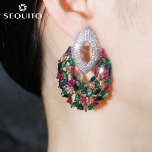 SEQUITO Vintage Ethnic Multi Cut Red Green Blue Color AAA CZ Diamond Big Hollow Round Stud Earrings Costume Accessories for Women Bohemian Jewelry SE222
