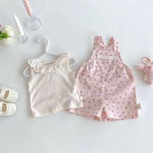 2025 New Summer Baby Girl Korean Style Clothes Breathable Cotton  Ruffled Doll Collar Vest & Floral Overalls2026