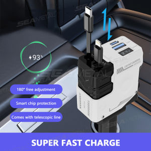 SEAMETAL Car Charger USB Type C PD Retractable Cable 4 in 1 Fast Charging Universal Car Quick Charger Adapter