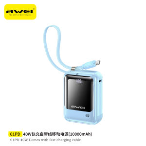 【3C Certified】Awei 01PD 10000mAh Powerbank 40W Fast Charging Power Bank Built-In Cable Mini Pawer Bank Awei Powerbank