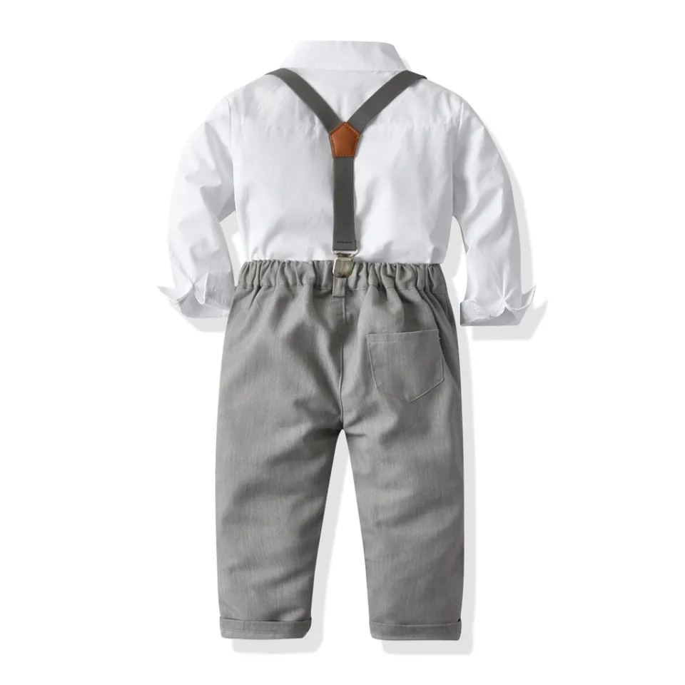 Gentlemen Boss Baby Suit White Shirt Gray Pants Suspenders Terno for Kids  Boy Year Old Wedding Formal Outfit Kids Ootd Attire