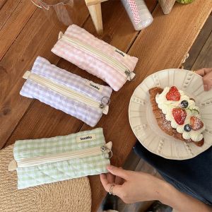 MIRACLE HOME STORE Makeup Brush Pouch Plaid Pen Bag Large Capacity Korean Style Sewing Pencil Case Pen Organizes Case Cute Stationary Cloth Box Students