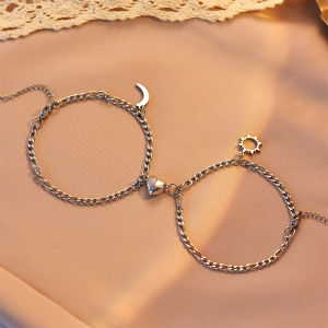 [fenggongshuode] 2PCS Stainless Steel Non-fading Hip-hop Hand Chain Love Magnet Sun Moon Bracelet For Couple Girlfriend Simple Hand Jewelry
