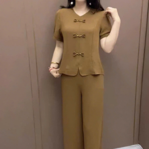 Đồ Bộ Trung Niên Ống Rộng Lững Quần Áo Cho Mẹ Mặc Ở Nhà Thêu Đồng Tiền Vải Đũi Mịn Mát-TL41