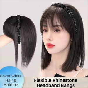 JON09 Hair Extension Crystal Headband Bangs Realistic Clip In Fringe Hair Pieces Top Hair Bangs Fake Bangs Synthetic Hair Bangs for Women