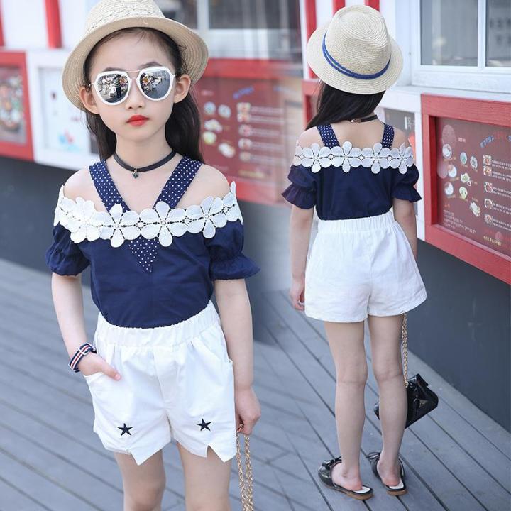 Girls Sets Summer New Baby Kids Fashion Shoulderless T-shirt +
