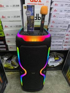 FREE USB with Mp3 songs Brudo BTS-2147 Trolley portable speaker LED light 3600mah with 1 rechargeable wireless and 1 wired microphone